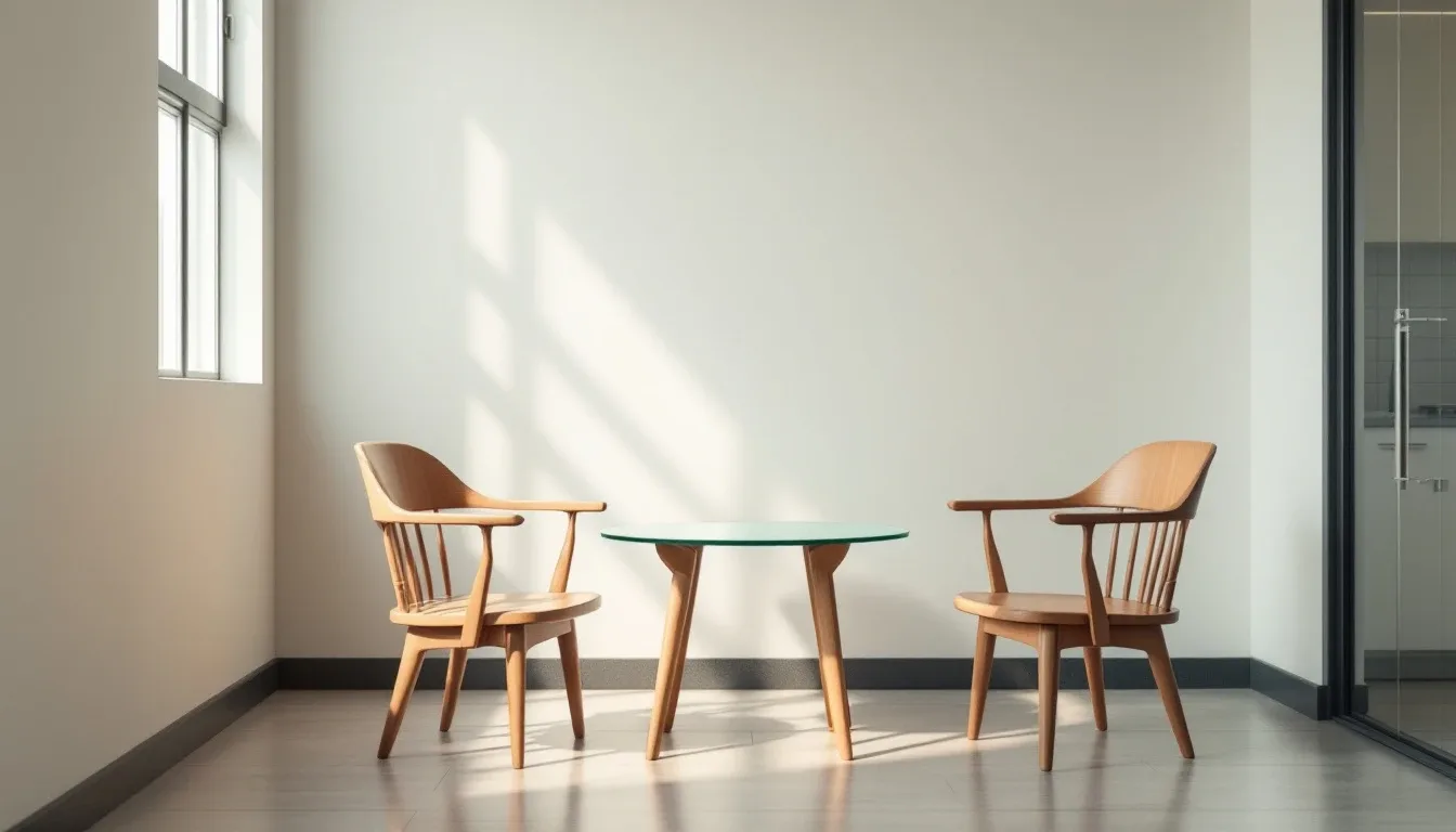 Two chairs facing each other across a small round table in a bright empty room