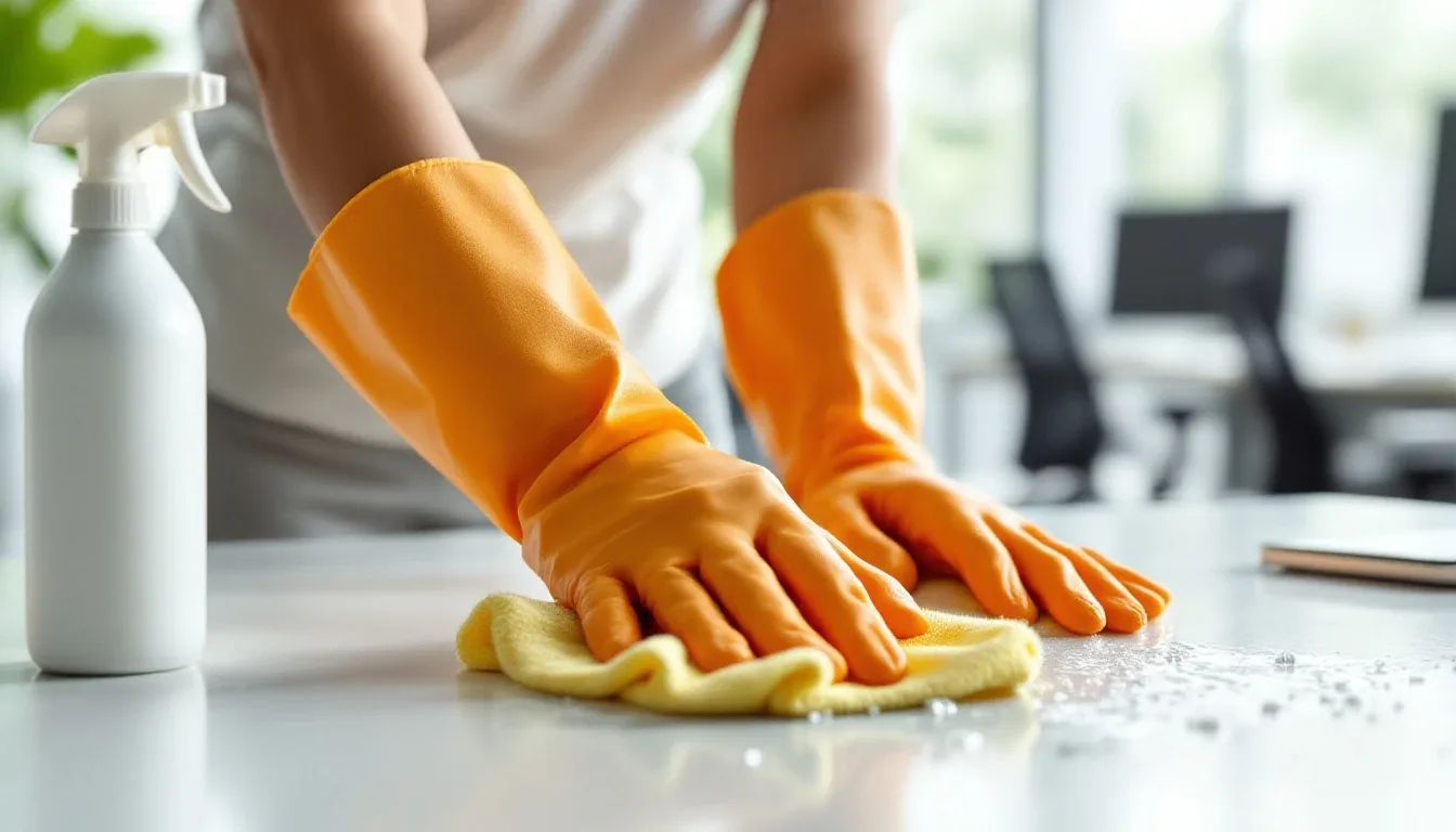 Gloved hands wiping a wet office desk with a microfibre cloth beside a spray bottle