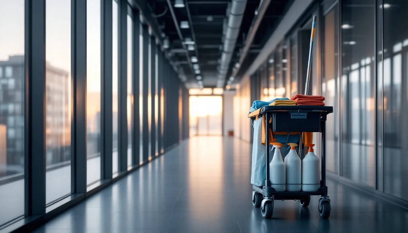 Cleaning cart with mop, spray bottles and cloths parked in an empty office corridor at dawn