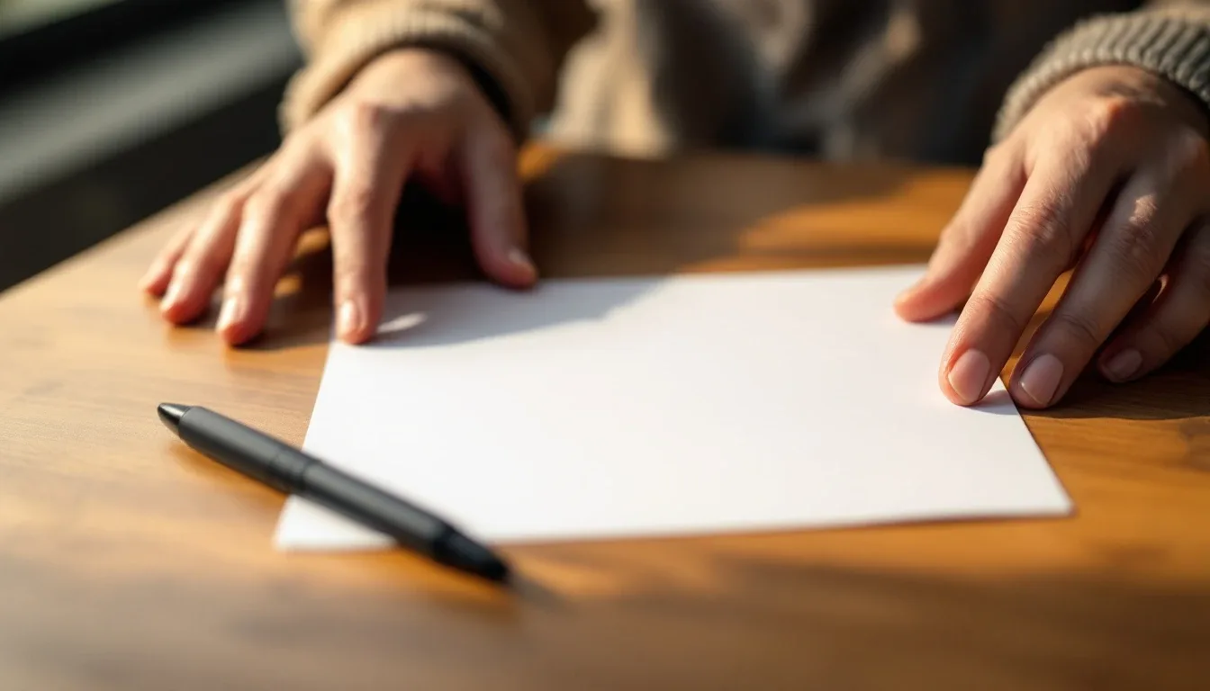 Hands adjusting a single blank sheet of paper on a table with a pen alongside