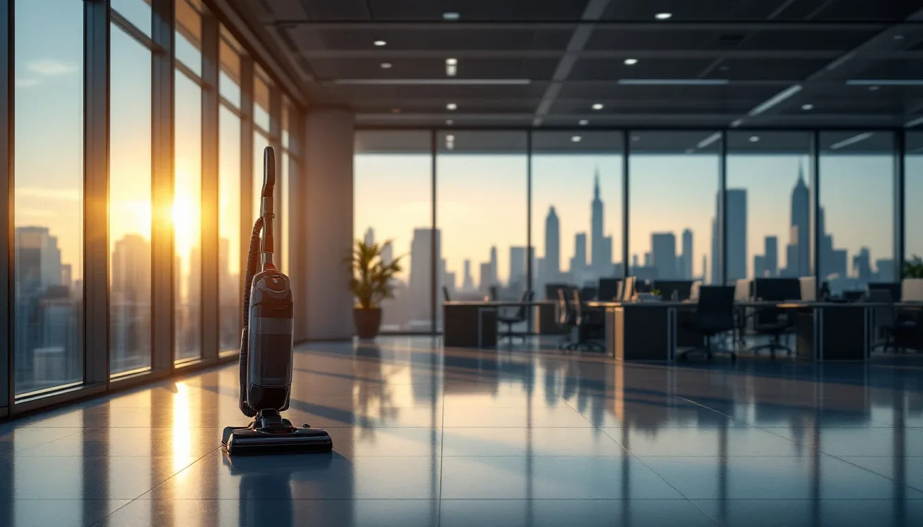 Upright vacuum standing alone in an open-plan office at sunrise with the skyline behind