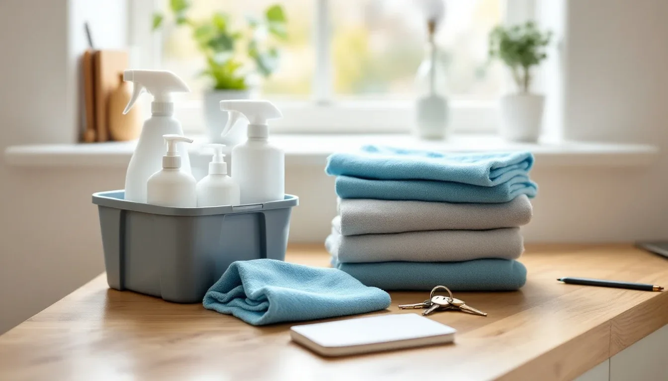 Cleaning caddy, folded cloths, client keys and a notebook laid out on a kitchen worktop