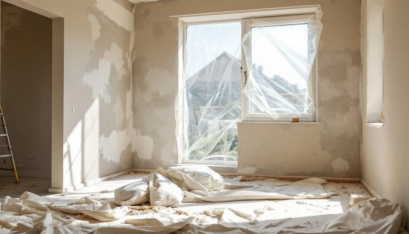 Newly plastered room with dust sheets, a stepladder and protective film half peeled from the window